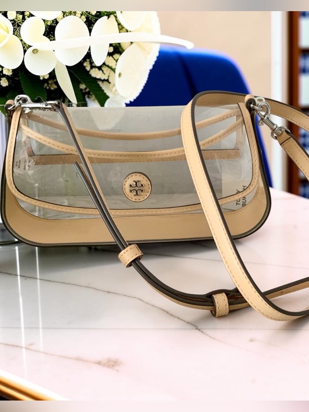 TORY BURCH RORY CLEAR MINI CONVERTIBLE CROSSBODY BAG BUSHED ALMOND NWT